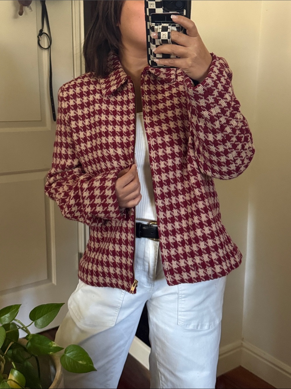 Jones New York Red/Ivory Wool Houndstooth Print Zip Up Cardigan Jacket Size 16